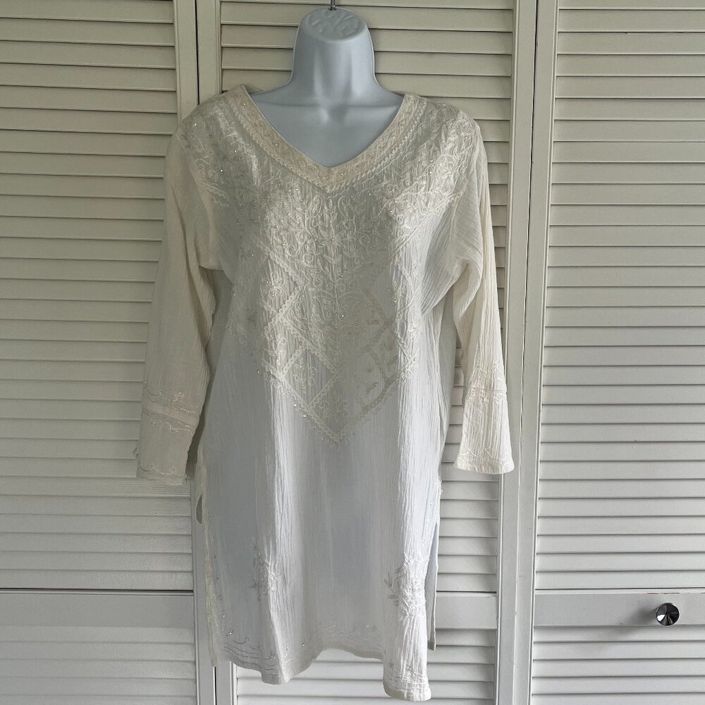 White Beaded Crinkle Cotton Long Sleeve Tunic ( India) Size 12 NWOT - Picture 2 of 6